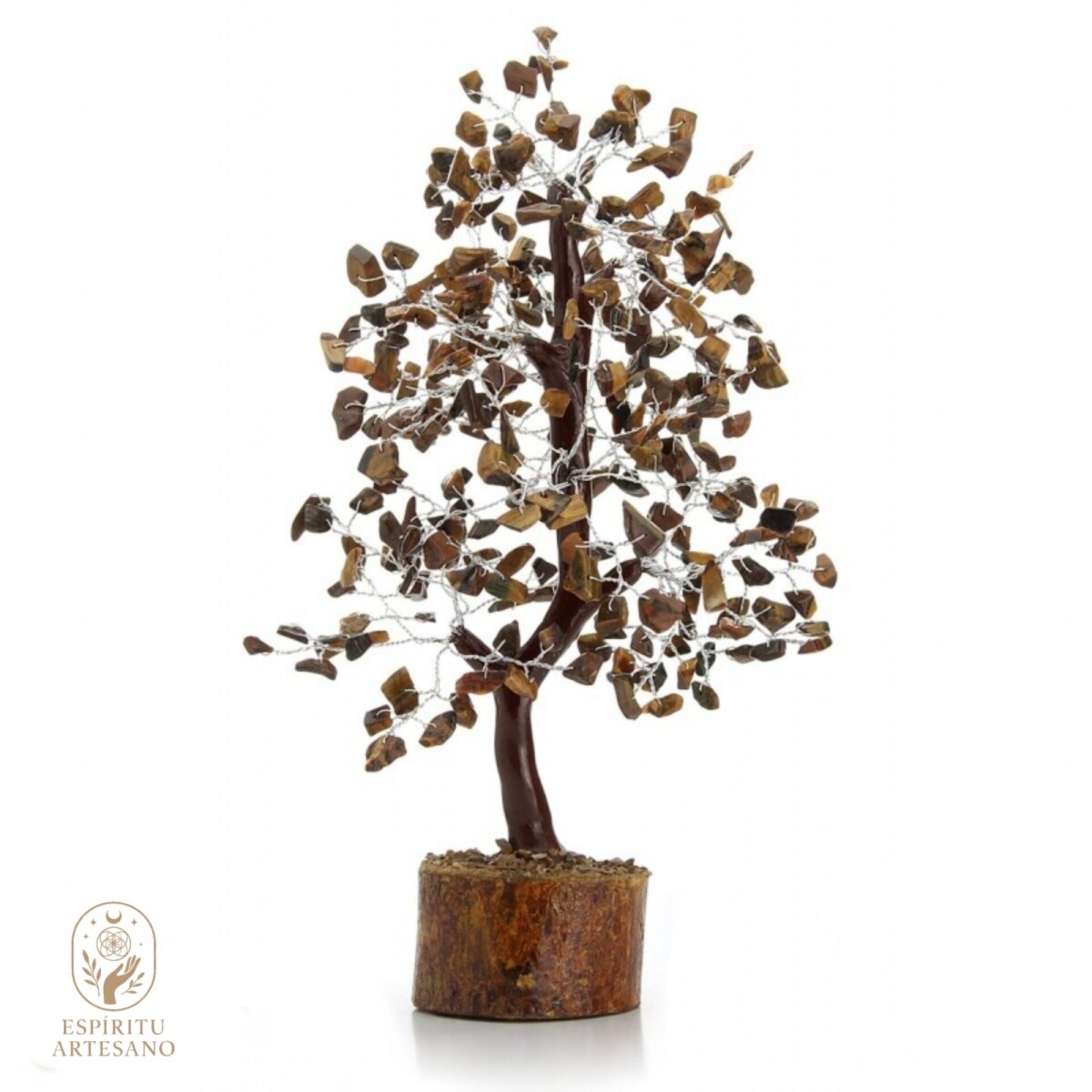 Árbol Artesanal de Ojo de Tigre Natural y Base de Madera - 1