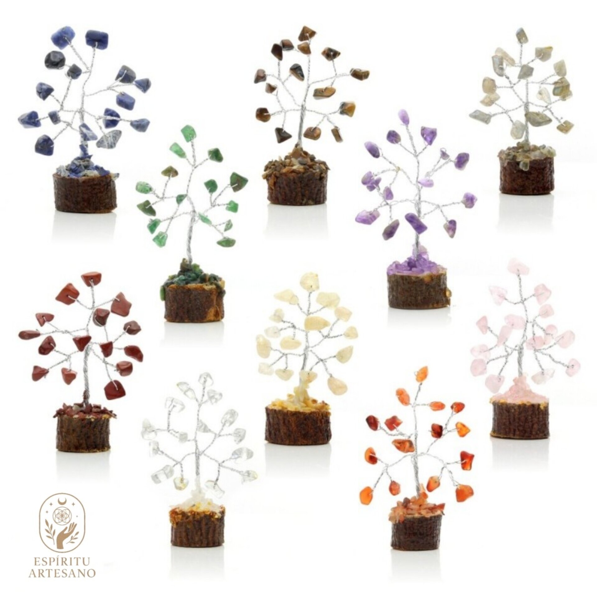 Colección de 10 Árboles Miniatura Piedras Naturales Ramas Plateadas Feng Shui - 1