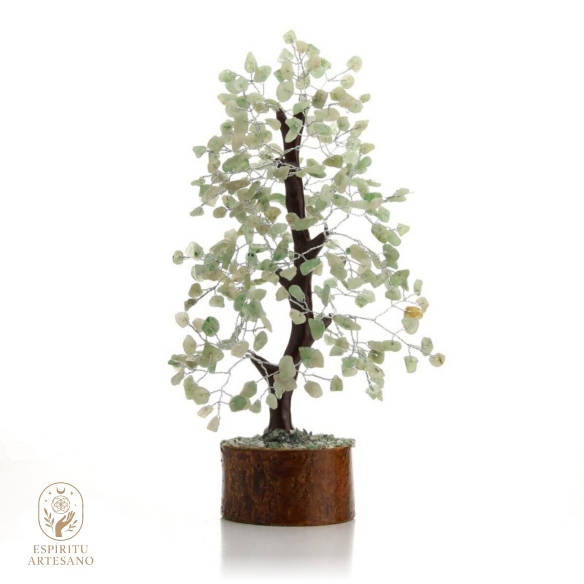 Árbol Artesanal de Aventurina Verde Natural y Base de Madera - 1