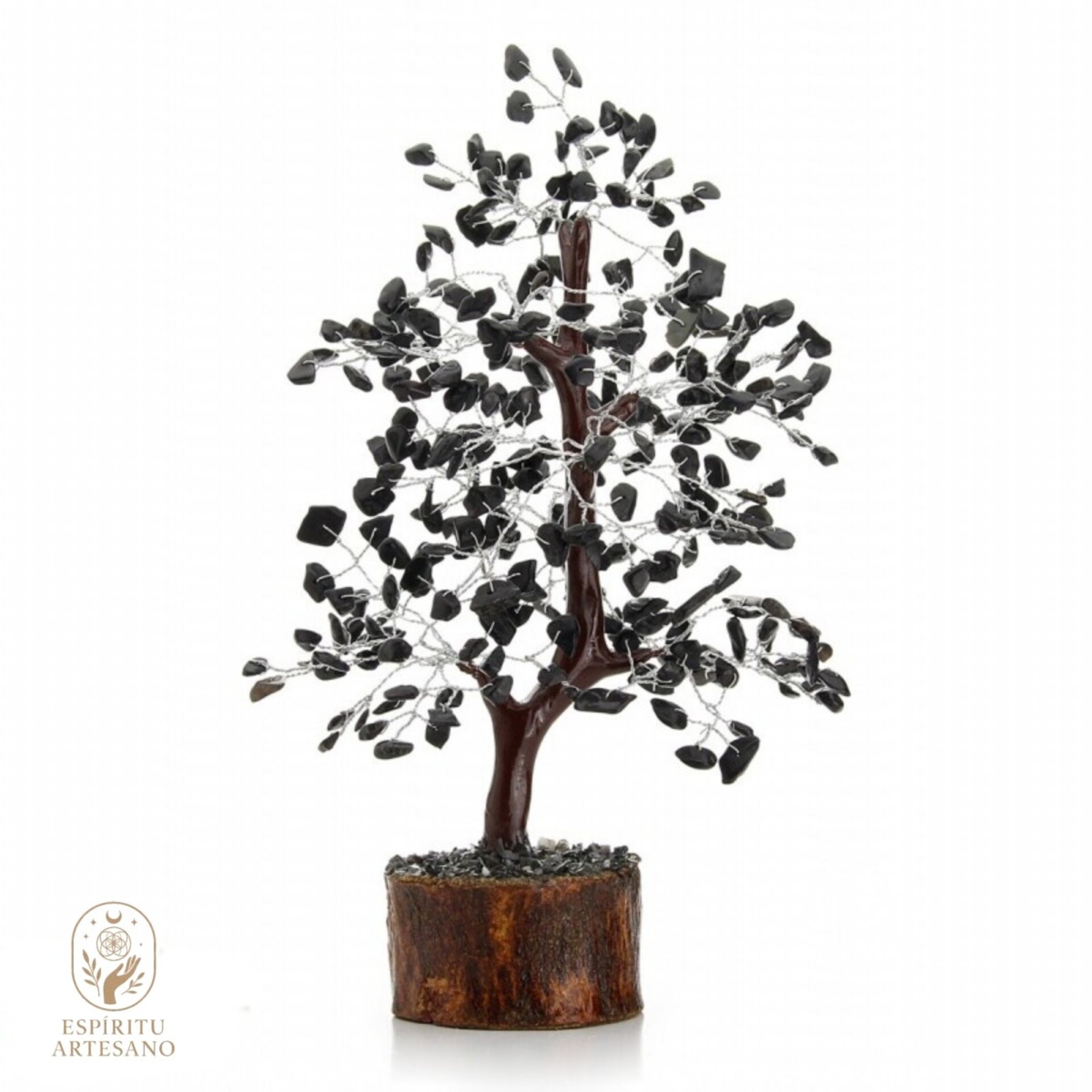 Árbol Artesanal de Obsidiana Negra Natural y Base de Madera - 1