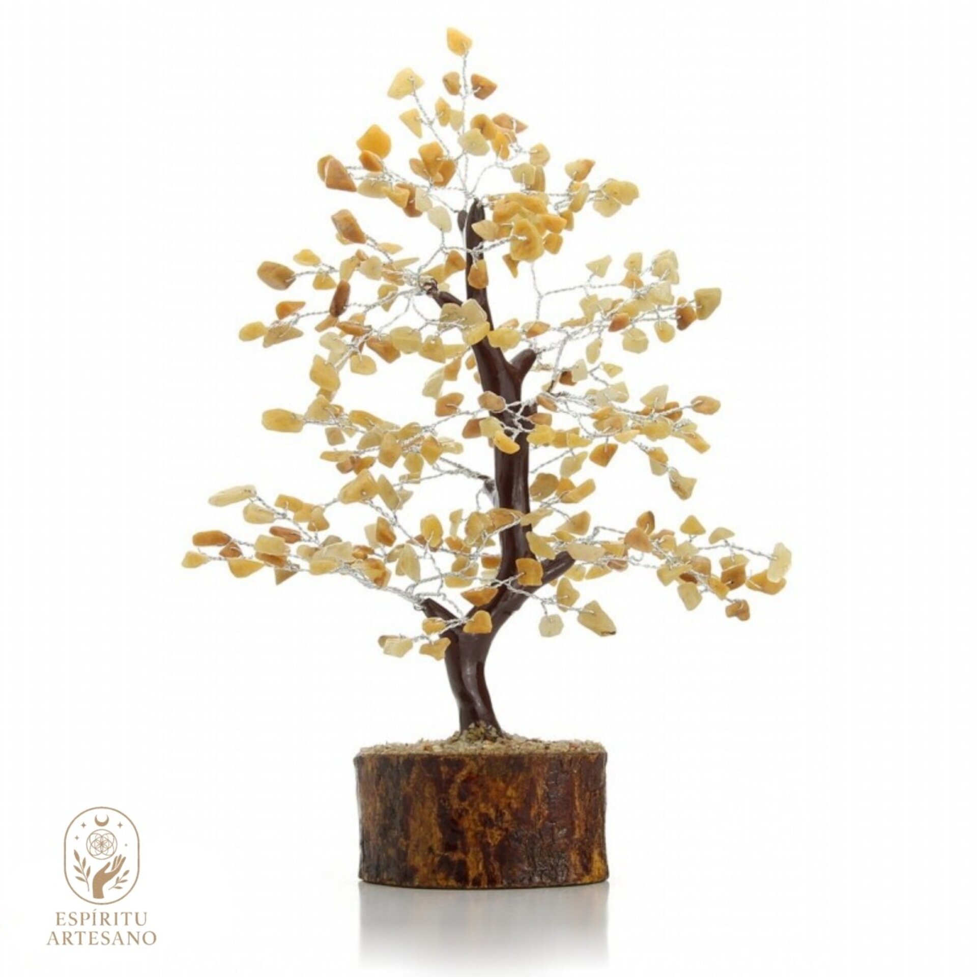 Árbol Artesanal de Cuarzo Dorado Natural y Base de Madera - 1