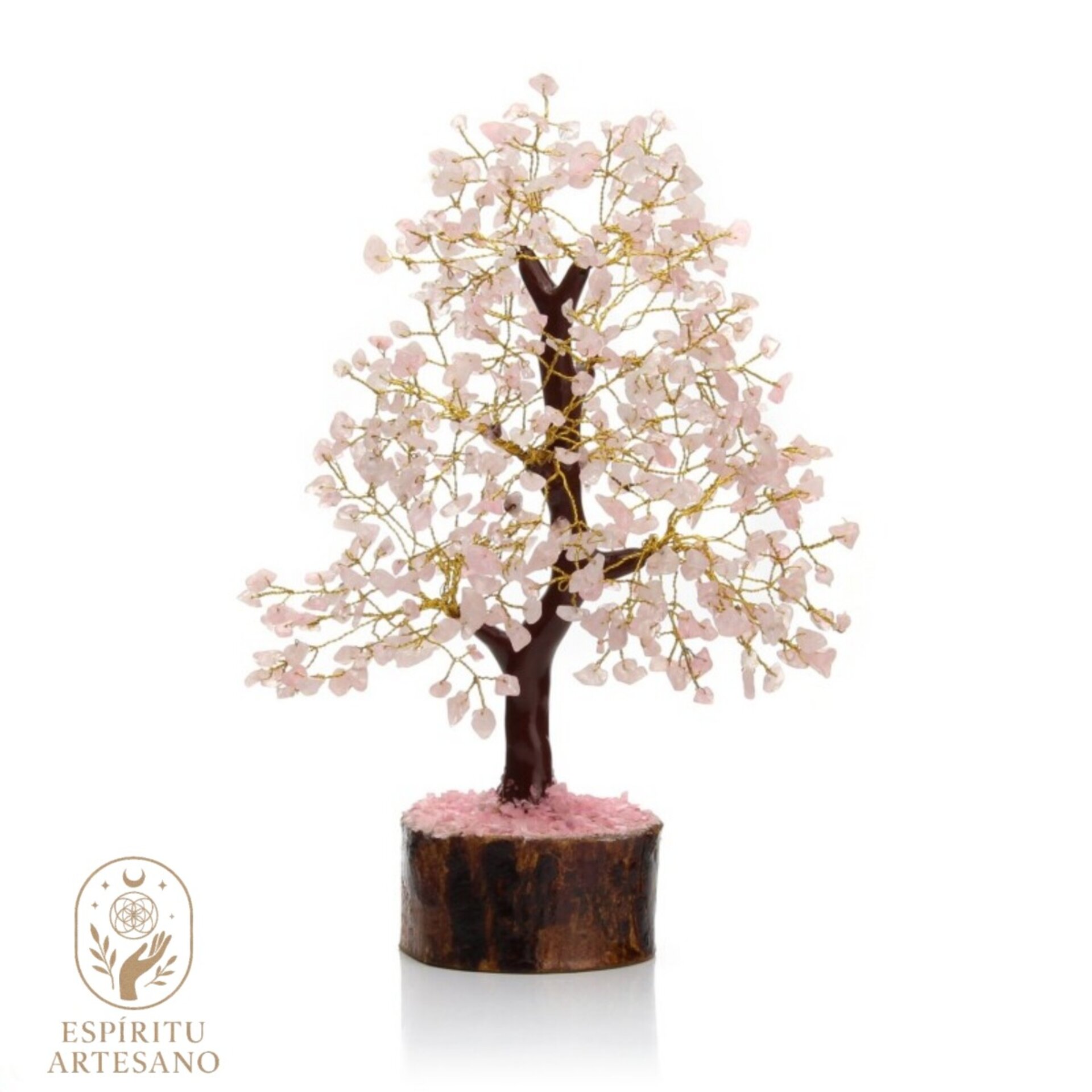 Árbol Grande de Cuarzo Rosa y Base de Madera Artesanía Feng Shui - 1