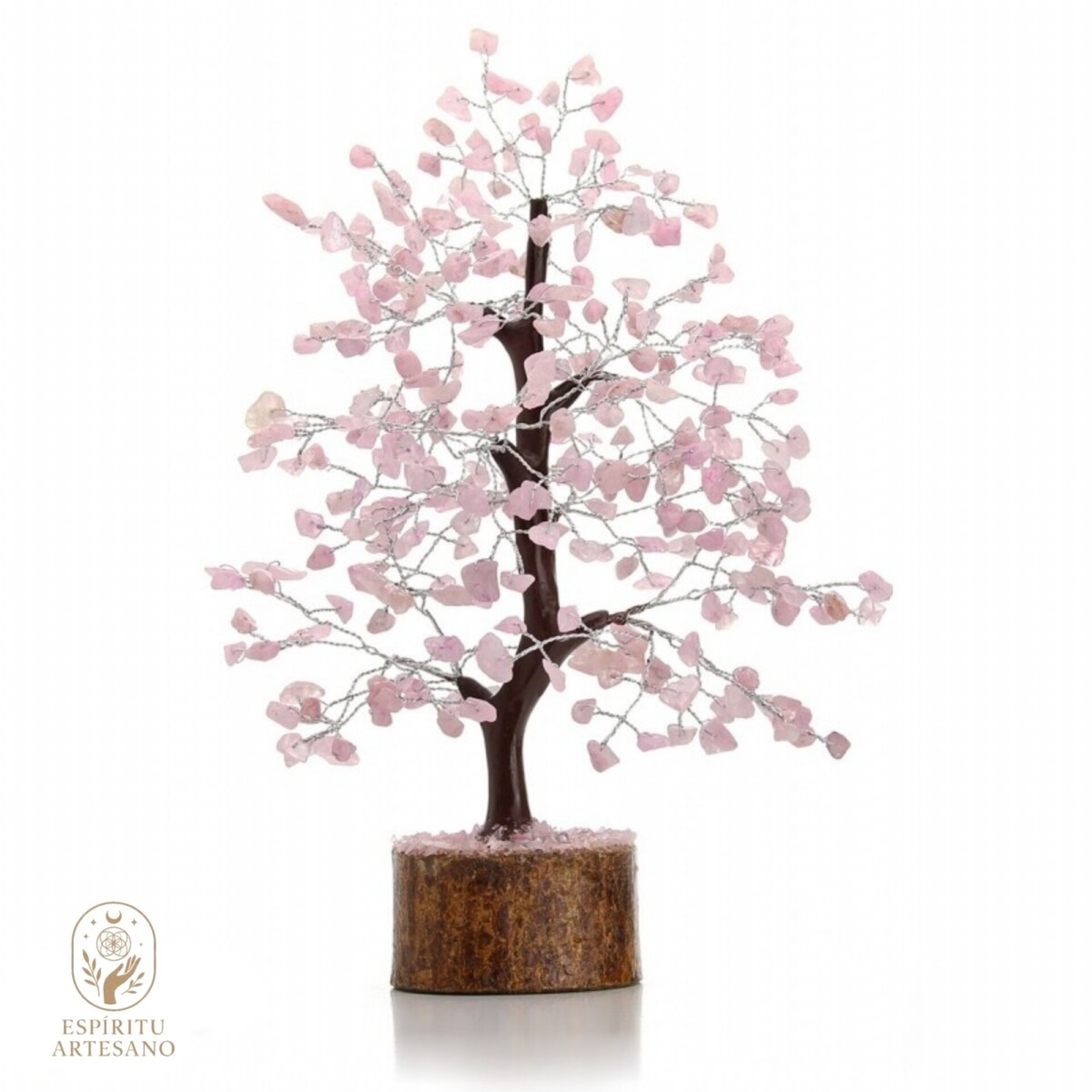 Árbol Artesanal de Cuarzo Rosa y Base de Madera - 1