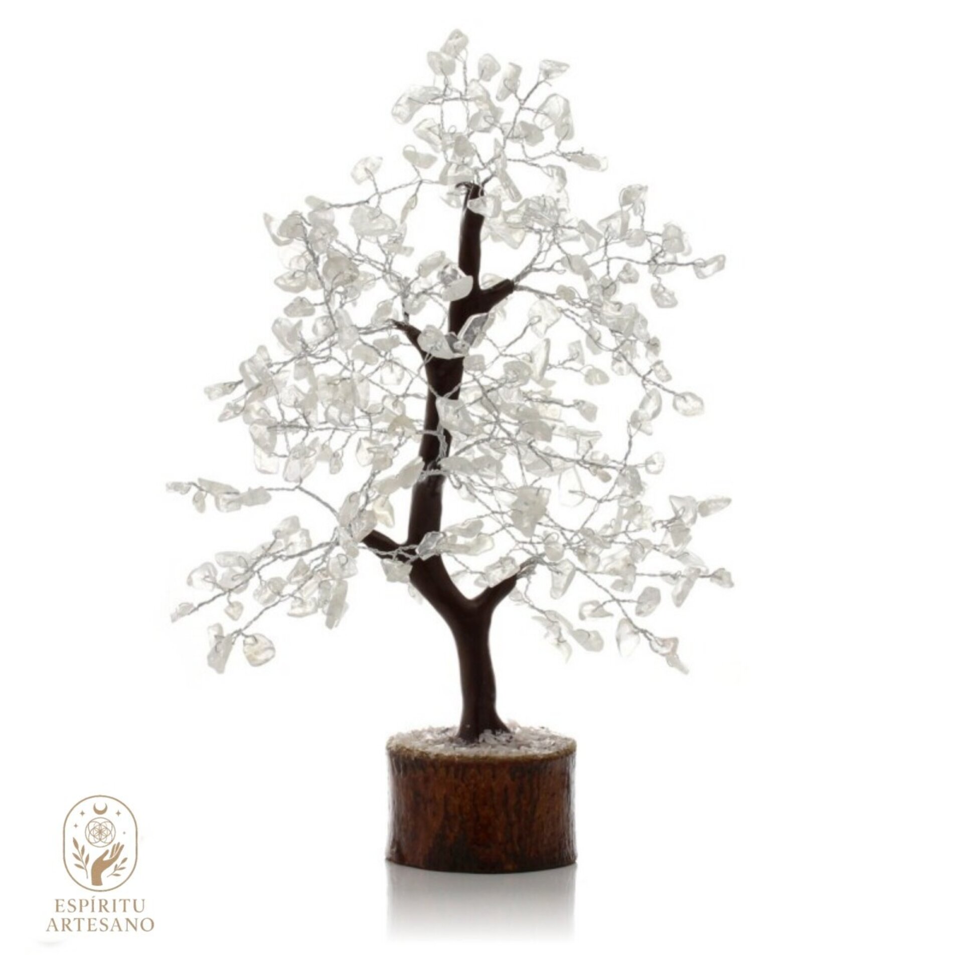 Árbol Artesanal de Cuarzo Cristal Natural y Base de Madera - 1