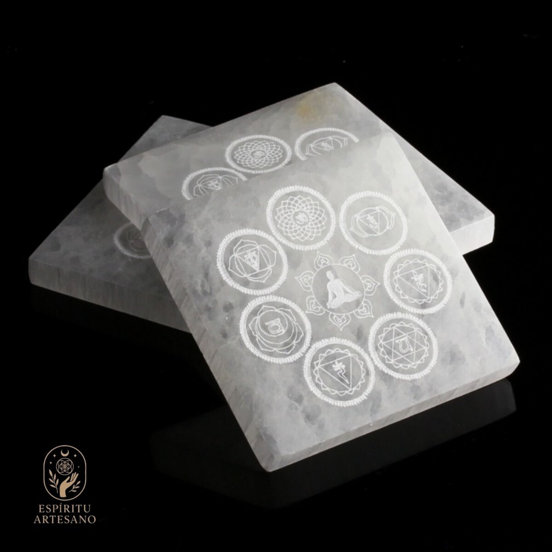 Placa de Selenita Cuadrada con Grabado de los Chakras – Piedra Natural - 3